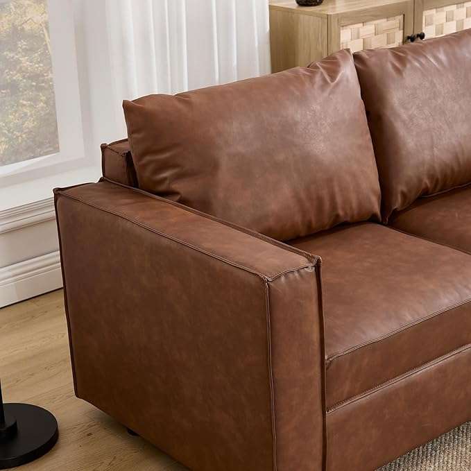 L Shaped Brown Leather, 90 Inches Cloud Modular Sectional Sofa, Modern Convertible Comfortable Sofa for Living Room/Apartment