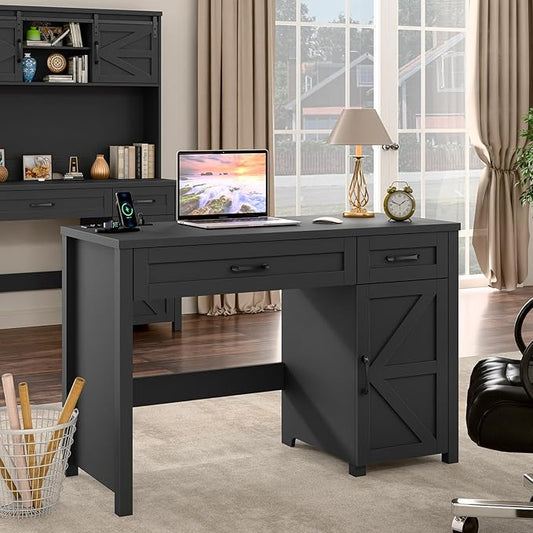 Farmhouse 47" Executive Desk, Computer Desk with Drawers and Storage Cabinet, Workstation Computer Desk for Home Office, Study.Pure Black