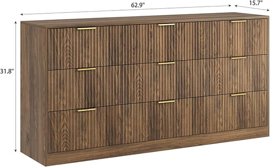 9 Drawer Dresser for Bedroom with Deep Drawers, 63" Wide Wood Dresser, Large Floor Chest of Drawers, Modern Long TV Stand, Mid Century Storage Cabinet Side Table, Natural