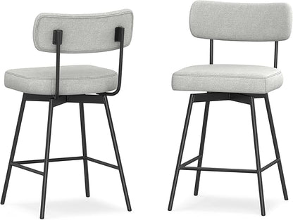 SIMPLIHOME Giselle Counter Stools (Set of 2) - 24 Inch Seat Height Swivel Upholstered Metal Kitchen Stools in Light Grey Polyester Linen, Contemporary Modern Seating with Padded Seat and Backrest