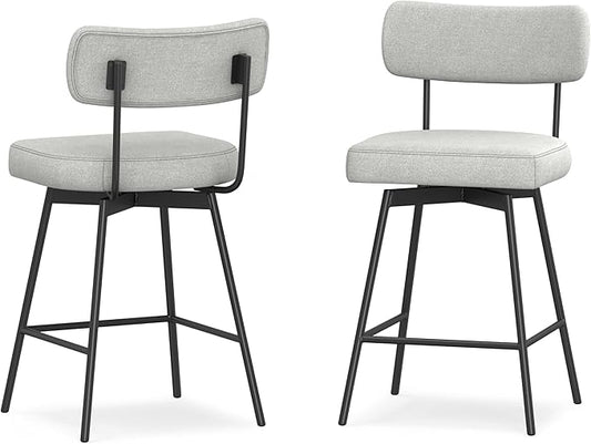 SIMPLIHOME Giselle Counter Stools (Set of 2) - 24 Inch Seat Height Swivel Upholstered Metal Kitchen Stools in Light Grey Polyester Linen, Contemporary Modern Seating with Padded Seat and Backrest