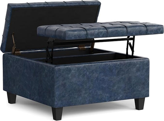 SIMPLIHOME Harrison 30 inch Wide Transitional Square Small Coffee Table Storage Ottoman in Denim Blue Vegan Faux Leather, Assembled, for The Living Room and Bedroom