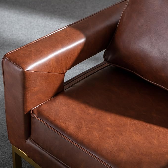 Modern Accent Chair Set of 2, PU Leather Upholstered Side Chair with Backrest, Comfy Armchair Side Chair with Golden Metal Base for Living Room Reception Room, Brown