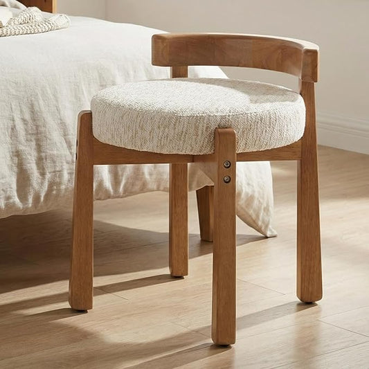 HNY Modern Chenille Vanity Chairs & Ottoman: Upholstered Round Seat with Solid Wood Legs, for Makeup Dressing, Living Room Footrest or Piano Bench, Beige