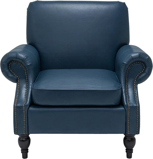 Accent Chair,22.4" Seat Depth Armchair with Roll Arms,36.6W*34.3D*34.6H Living Room Chair,Wood Legs,Set of 2,Faux Leather in Navy