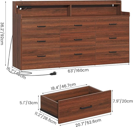 Bigbiglife 9 Drawer Dresser with Built in Power Outlet and LED Light, Modern Chest of Drawers for Bedroom, Triple Wide Drawer Organizer Cabinet for Living Room, Entryway, Hallway, Walnut Brown