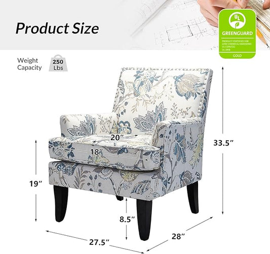 HULALA HOME Modern Accent Chair with Arms and Wooden Legs, Mid Century Accent Chair Armchair High Back Rest, Padded Armrest and Comfortable Cushioned Seat for Living Room (Blue Yellow Floral)