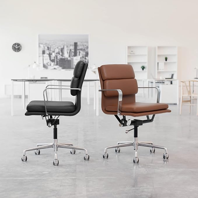 Laura Davidson Furniture SOHO II Padded Management Office Chair - Mid Back Desk Chair with Arm Rest, Swivel & Cushion Availability, Made of Faux Leather, Tan, Computer Chair