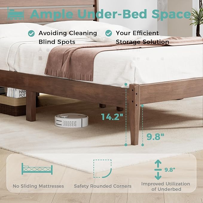 Queen Size Bed Frame, Malaysian Oak Bed Frame with Ladder Headboard, Solid Wood Bed Frames with Elevated Bed Legs, No Box Spring Needed, Noise-Free, Queen Size, Antique Espresso