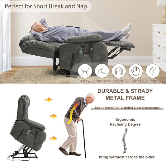 Dual Motor Large Power Lift Recliner Chair for Elderly with Heat and Massage,Lay Flat Lift Chairs Recliners for Seniors Infinite Position,USB Ports&Remote, Leather (Silver Grey, Medium)