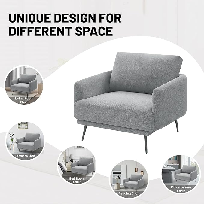 Oversized Accent Chair for Living Room Chairs Reading Arm Chair Comfy Modern Single Sofa Side Chairs with Metal Legs & Soft Cushion for Bedroom, Waiting Room (Polyster Light Grey, Set of 2)