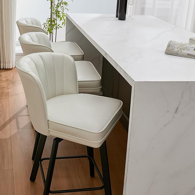 Swivel Counter Height Bar Stools Set of 2, 26'' Modern Barstools with Backs and Metal Legs, Upholstered Bar Chairs, Faux Leather White Stools for Kitchen Island Chairs