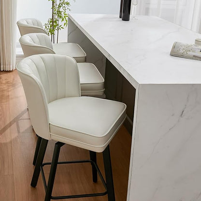 Swivel Counter Height Bar Stools Set of 3, 30'' Modern Barstools with Backs and Metal Legs, Upholstered Bar Chairs, Faux Leather White Stools for Kitchen Island Chairs