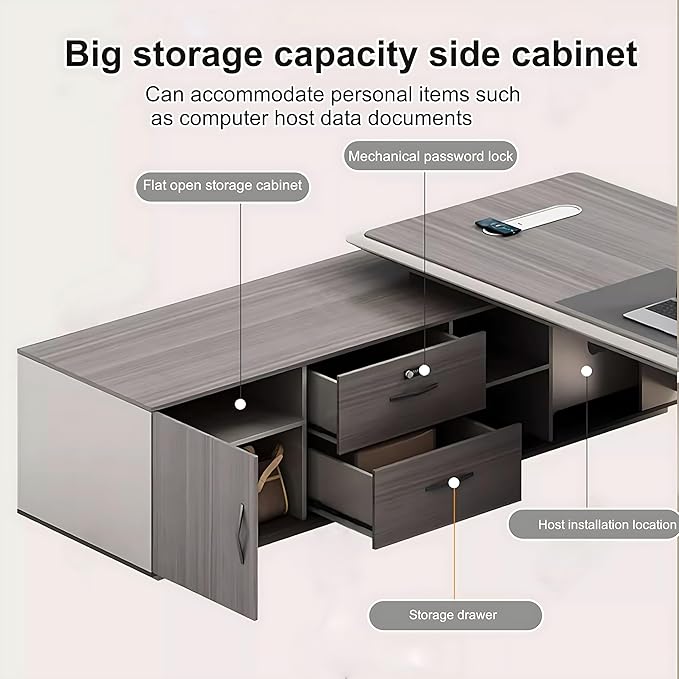 78IN Executive Office Desk - Large Office Desk L Shaped Computer Desk with 2 Drawers & Grille Design | Thickened Countertop & Large Capacity Side Cabinet Storage & Metal Cabinet Handle