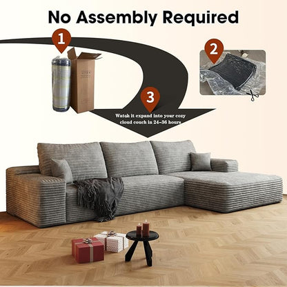 107.5" Cloud Modular Sectional Sofa with L-Shape Chaise, Modern Upholstered Couches for Living Room, Deep Seat Boneless Couch, No Assembly Required, Plush Corduroy Fabric (Grey, Right Facing Chaise)