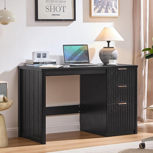 48" Modern Fluted Executive Desk with Storage Cabinet, Black Wood Home Office Desk with File Drawer & Metal Handles, Large Computer Writing Table for Office,Study, Living Room, Bedroom
