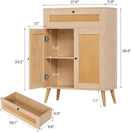 Rattan Storage Cabinet, 2-Door Oak Sideboard with Drawers, Buffet Sideboards with Storage, Elegant Boho Design for Dining Room or Living Room, 1 Drawer for Extra Organization