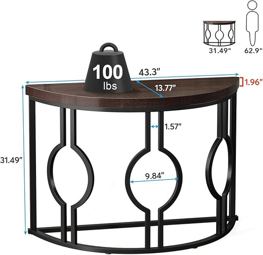 Tribesigns Half Moon Console Table for Entryway, 43 Inch Industrial Semi Circle Sofa Table with Geometric Base, Wood Accent Table for Living Room, Hallway, Foyer, Entrance, Rustic Brown