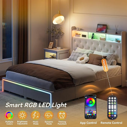 Full LED Bed Frame with Storage Headboard & Charging Station, Velvet Fabric Platform Bed Frames with 4 Drawers, Button Tufted Upholstered, No Box Spring Needed, Beige