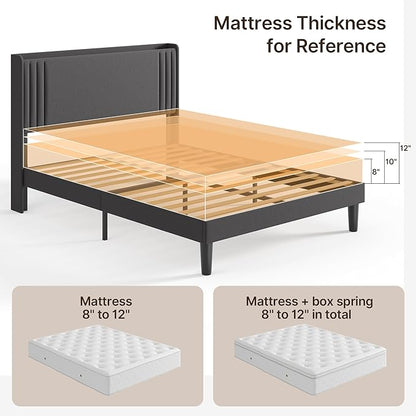 Gizoon Queen Bed Frame with Charging Station and LED Lights,Upholstered Wingback Platform Bed with Wooden Slats,Noise-Free,No Box Spring Needed