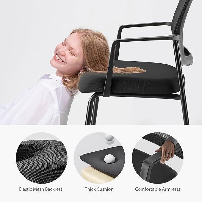 DUMOS Black Stackable Arm Chairs with Mesh Back and Upholstered Fabric, Sturdy Metal Frame, Easy to Store and Use, Perfect for Indoor and Outdoor Spaces, 4 Chair