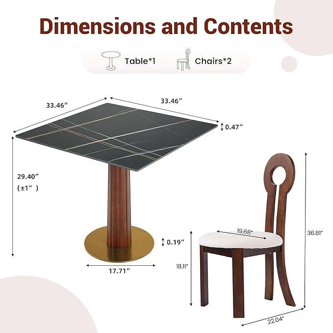 Sintered Stone Square Office Table and Chair Set - Meeting Table for Small Offices (Dark Brown Leg and Black Top, 1 Table and 2 Chairs)