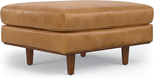 SIMPLIHOME Morrison 33 inch Wide Ottoman in Sienna Genuine Leather, Multifunctional Footrest, Coffee Table, and Extra Seating for Living Room, Mid-Century Modern Style