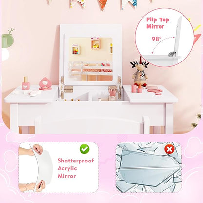 HONEY JOY Kids Vanity, Wooden Girls Vanity Desk with Flip Top Mirror, Hidden Storage Space, Toddler Makeup Vanity Dressing Table, Pretend Play Kids Vanity Table and Chair Set (White)