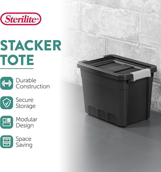 Sterilite 6-Pack 7.5 Gallon Stacker Tote, Rugged Plastic Storage for Home Organization, Black - Stackable Organizer Bins with Recessed Lid & Heavy-Duty Latches for Closet, Basement, Garage and Attic