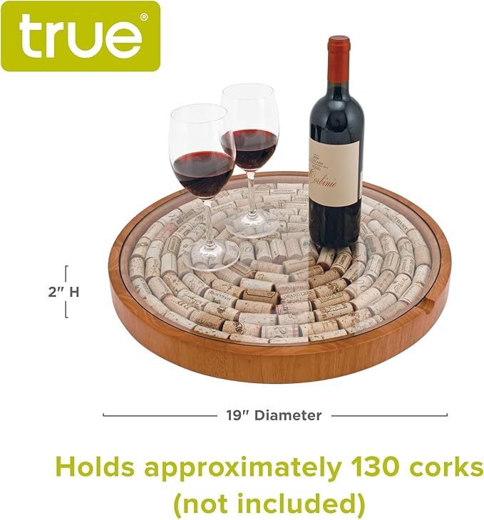 True Wine Cork Collector Lazy Susan Turntable, Wooden and Glass Storage for 130 Corks, Tabletop or Countertop Organization, Set of 1