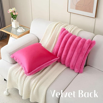 FUTEI Hot Pink Decorative Throw Pillow Covers 20x20 Inch Set of 2, Square Soft Faux Rabbit Fur Thick Striped Cushion Cover,Winter Home Decor for Couch Bed Living Room