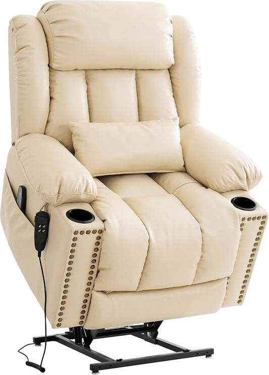 Dual Motor Large Power Lift Recliner Chair for Elderly with Heat and Massage,Lay Flat Lift Chairs Recliners for Seniors Infinite Position,USB Ports&Remote, Leather (Beige, Large)