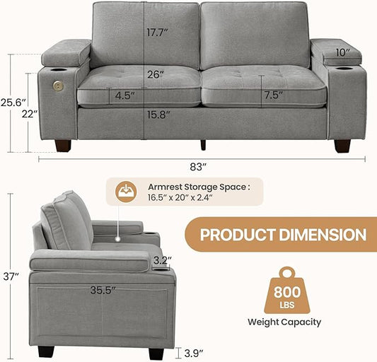 84" Loveseat Couch for Living Room,Modern Chenille Upholstered Sofa with Adjustable Storage Armrest,Cup Holders,USB & Type-C Ports,Solid Wood 2-Seater Loveseat Sofa for Apartment(Gray)