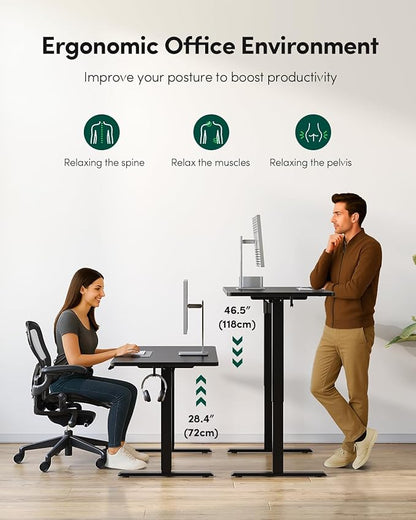 FEZIBO One-Piece Standing Desk Adjustable Height Stand up Home Office Desk, 48x24 Inch Electric Standing Computer Desk, with 4 Memory Presets, Headphone Hook, Black