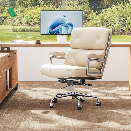 Genuine Leather Office Chair, Mid Back Executive Desk Chairs with Aluminum Arms and Wheels, Swivel Office Leather Chair with Thickened Backrest and Ergonomic Lumbar Support, White