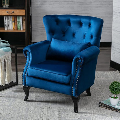 chairus Mid-Century Modern Accent Chair Comfy Tufted Single Sofa Chair Wingback Armchair with Pillow for Club, Living Room, Bedroom - Velvet, Blue