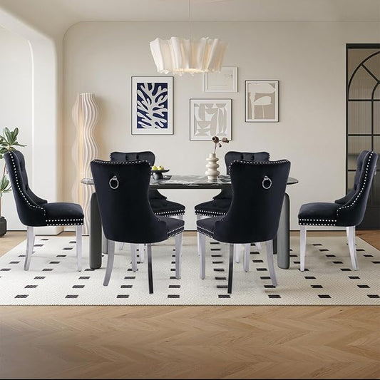 Velvet Upholstered Dining Chairs Set of 8, Modern Style Kitchen Side Chairs with Nailhead Trim and Silver Plated Leg, Metal Pulling Ring for Dining Room Living Room(Black)