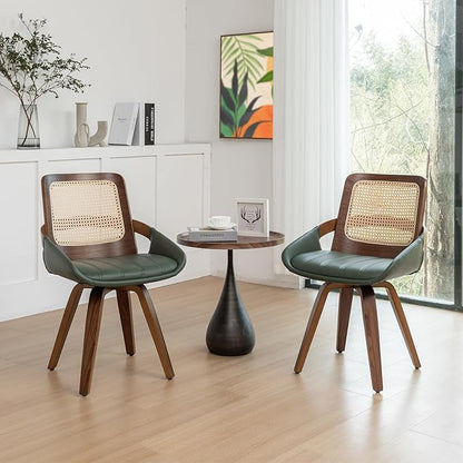 Set of 2 Green Rattan Dining Chairs - Mid Century Modern Dining Chairs with Walnut Bentwood Frame, Ergonomic Rattan Back, Curved Arms, Versatile for Living Room/Conference/Kitchen (Walnut Green)