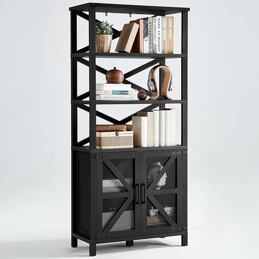 5 Tier Bookshelf 70" Tall Bookcase with Barn Doors,Large Farmhouse Display Book Shelf with Adjustable Shelves and Storage Cabinet，Library Wood Bookshelves for Living Room,Kitchen,Antique Black