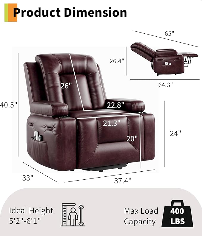 GarveeHome Power Lift Recliner Chair - Heat and Massage, Adjustable Back and Legs, PU Leather Electric Lift Chair Designed for The Elderly and People with Mobility impaired
