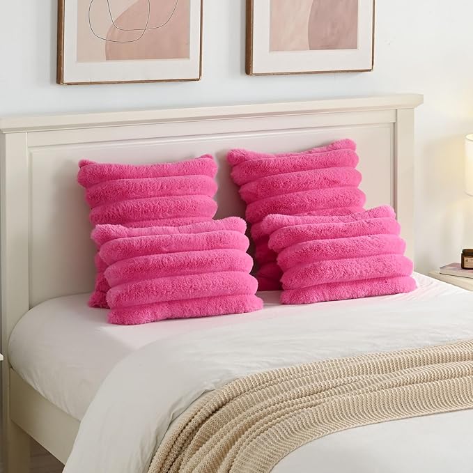 FUTEI Hot Pink Decorative Throw Pillow Covers 18x18 Inch Set of 2, Square Soft Faux Rabbit Fur Thick Striped Cushion Cover,Winter Home Decor for Couch Bed Living Room