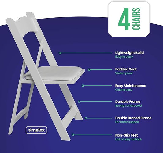 SIMPLEX 4 White Folding Chairs – Resin Stackable Foldable Chairs with Padded Seats – Comfortable White Folding Chairs for Indoor/Outdoor Events – Lightweight Resin Chairs (4 Pack)