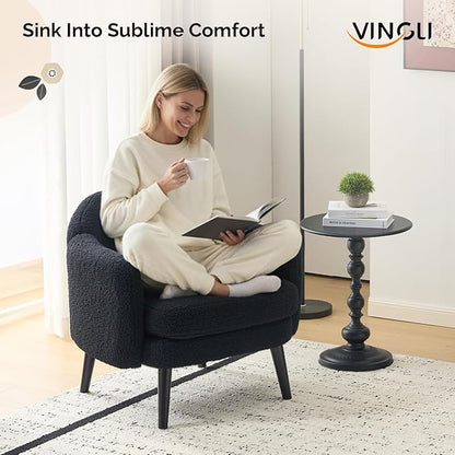 VINGLI 30.3" Wide Modern Barrel Accent Armchair with Track Armrest, Solid Wooden Legs, Comfy Upholstered Club Chair, Round Single Home Sofa for Living Room, Bedroom, Reading Room,Teddy Fleece Black