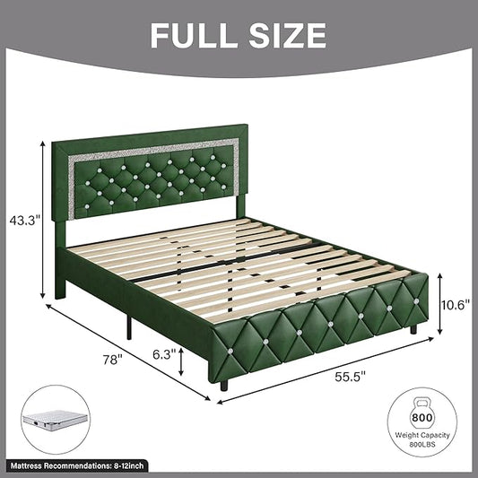 BarnFurin Full Size Bed Frame with Headboard, Faux Leather Upholstered Bed with Diamond Tufted Design, Mordern Bed Frame with Wooden Slats Suppor, No Box Spring Required, Easy Assembly, Green