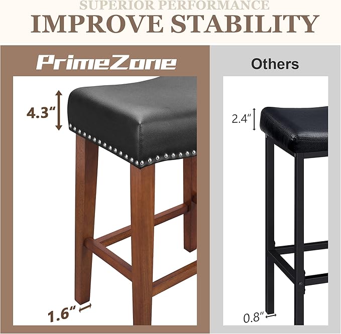PrimeZone Counter Height Bar Stools Set of 2 - Backless Saddle Barstools with 4.3" Thick Upholstered, Nailhead Trim Faux Leather & Solid Wood Legs, 26 Inch Counter Stools for Kitchen Island, Black