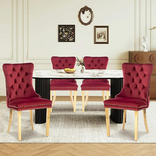 Velvet Upholstered Dining Chairs Set of 4, Modern Style Kitchen Side Chairs with Nailhead Trim and Gold Plated Leg, Metal Pulling Ring for Dining Room Living Room(Wine Red-Gold Plated Leg)