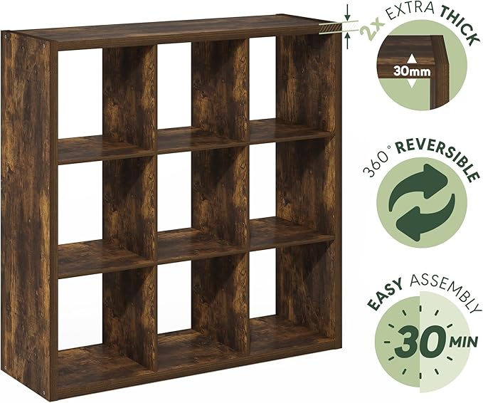 Furinno Cubicle Book Shelf, 9-Cube Thick Frame Bookshelf, Reversible Bookcase with Open Back, 14.6 x 43.8 x 43.8, for Living Room, Bedroom, Home Office, Amber Pine