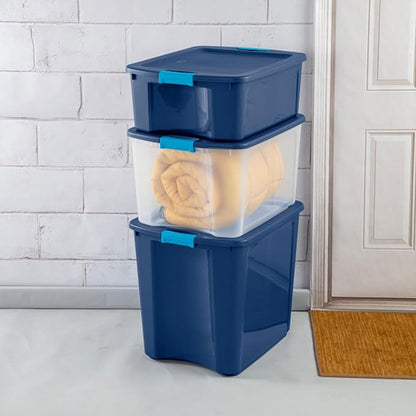 Sterilite 18 Gal Latch and Carry, Stackable Storage Bin with Latching Lid, Plastic Container to Organize Closets, Clear with Blue Lid, 6-Pack