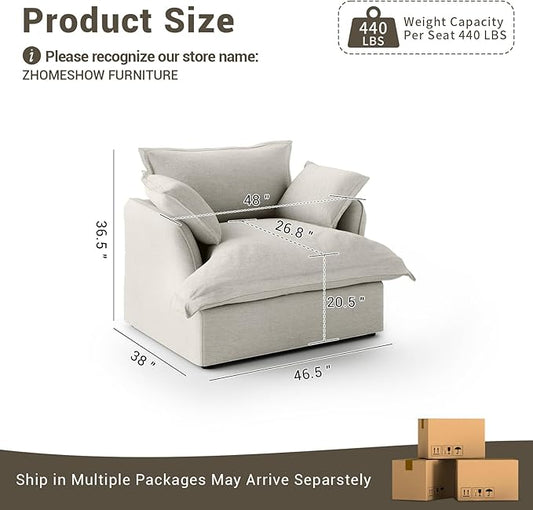 Oversized Cloud Modular Sectional Sofa, Comfy Down Filled Cloud Couch with Removable Cover, Deep Seat Armchair, Single Sofa Chair, Sectional Couches for Living Room, Light Gray