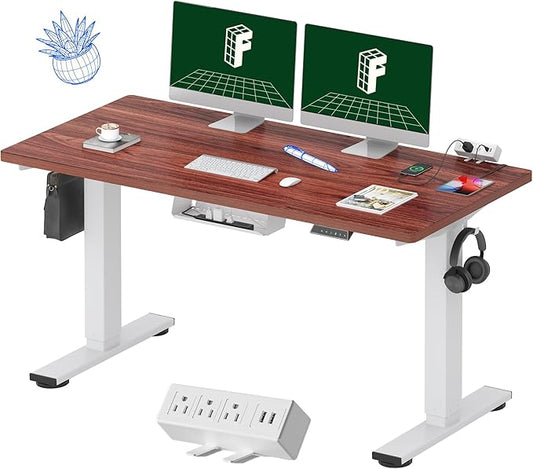 FLEXISPOT EN2 Whole-Piece Standing Desk with Clamp Power Strip, 55 x 28 Electric Stand Up Height Adjustable Desk with Cable Management (White Frame + 55" Mahogany Top, 2 Packages)